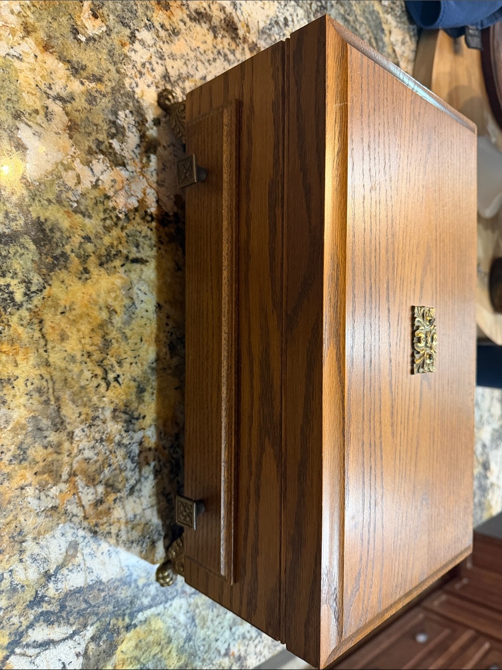 Vintage Wood Jewelry Organizer Box with Royal Blue Velvet Interior and music box